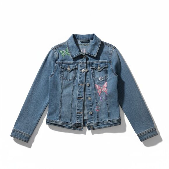 Teen Girls Denim Jacket w/ Butterfly Embroidery – Size L, Pre-Owned - Picture 1 of 14